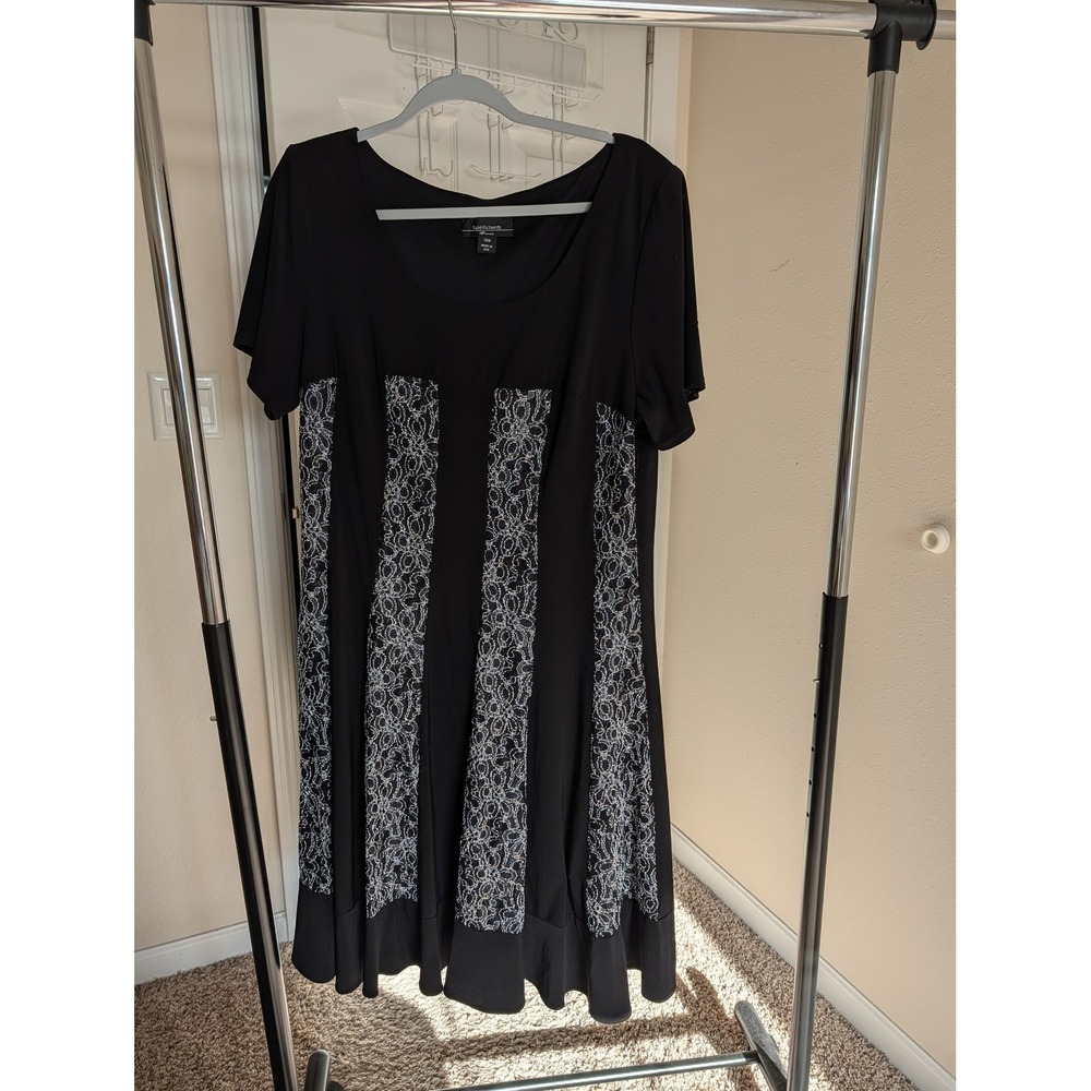 R&M Richards Womens 14W Black Silver Floral Lace Panel A-Line Midi Dress USA